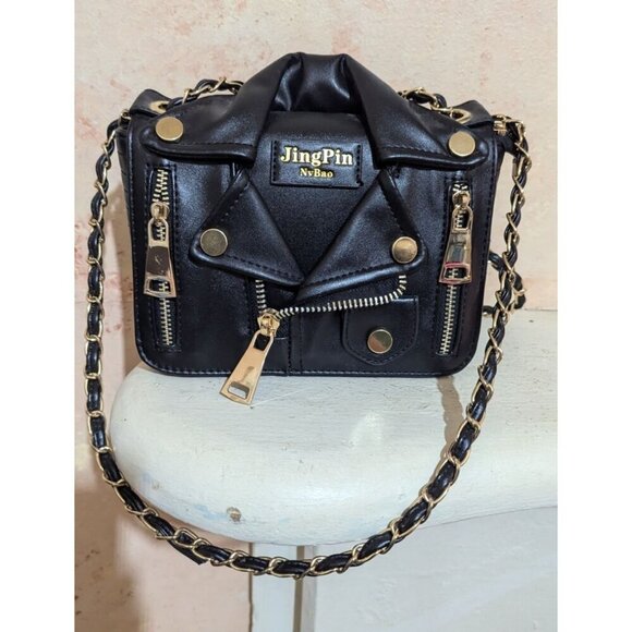 JingPin NvBao Black Faux Leather Biker Jacket Style shoulder Bag Chain Strap - Picture 1 of 11